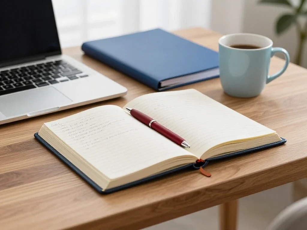 Bureau en bois ordonné avec carnet et ordinateur, illustrant une prise de décision éclairée.